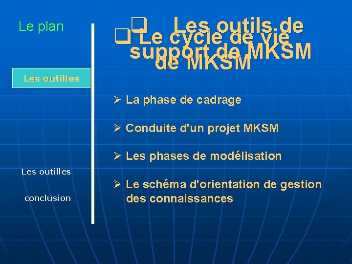 Le plan Les outilles Le cycle de vie q Les outils de q Le