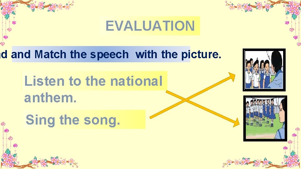 EVALUATION ad and Match the speech with the picture. Listen to the national anthem.