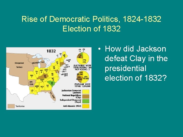 Rise of Democratic Politics, 1824 -1832 Election of 1832 • How did Jackson defeat