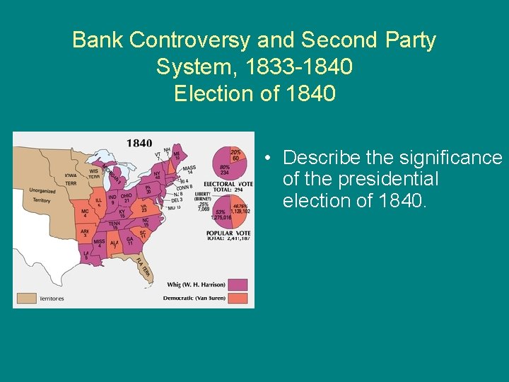 Bank Controversy and Second Party System, 1833 -1840 Election of 1840 • Describe the