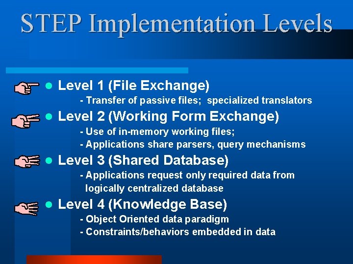 STEP Implementation Levels l Level 1 (File Exchange) - Transfer of passive files; specialized