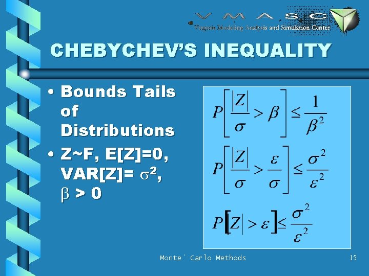 CHEBYCHEV’S INEQUALITY • Bounds Tails of Distributions • Z~F, E[Z]=0, VAR[Z]= s 2, b>0