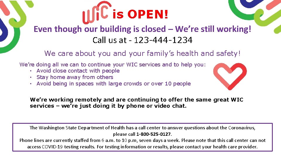 is OPEN! Even though our building is closed – We’re still working! Call us