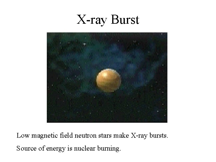 X-ray Burst Low magnetic field neutron stars make X-ray bursts. Source of energy is