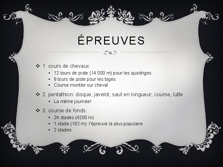 ÉPREUVES v 1. cours de chevaux • 12 tours de piste (14 000 m)