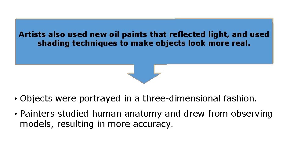 Artists also used new oil paints that reflected light, and used shading techniques to