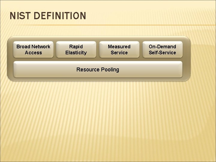 NIST DEFINITION Broad Network Access Rapid Elasticity Measured Service Resource Pooling On-Demand Self-Service 