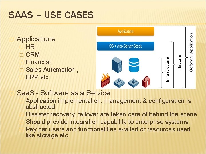 SAAS – USE CASES � Applications � � � HR CRM Financial, Sales Automation