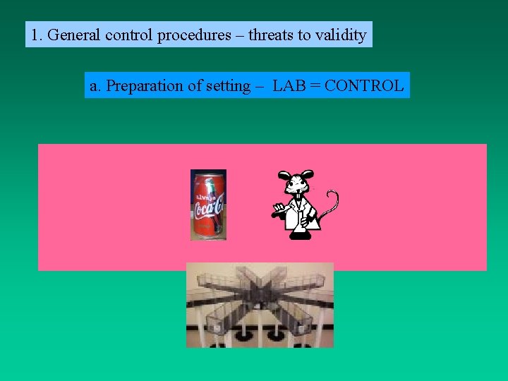 1. General control procedures – threats to validity a. Preparation of setting – LAB