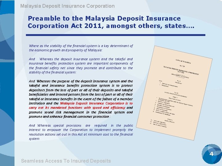 Malaysia Deposit Insurance Corporation Preamble to the Malaysia Deposit Insurance Corporation Act 2011, amongst