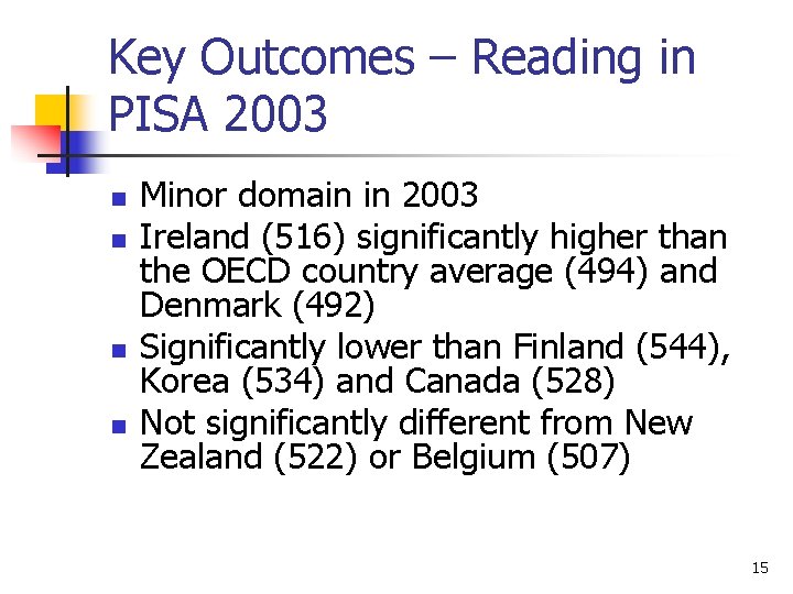 Key Outcomes – Reading in PISA 2003 n n Minor domain in 2003 Ireland