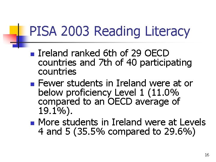 PISA 2003 Reading Literacy n n n Ireland ranked 6 th of 29 OECD