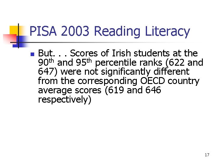 PISA 2003 Reading Literacy n But. . . Scores of Irish students at the