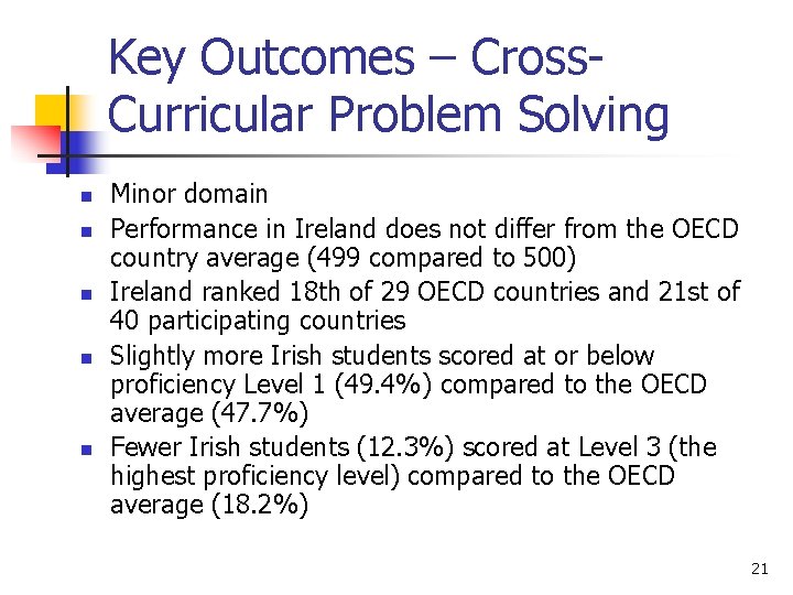 Key Outcomes – Cross. Curricular Problem Solving n n n Minor domain Performance in