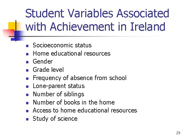Student Variables Associated with Achievement in Ireland n n n n n Socioeconomic status
