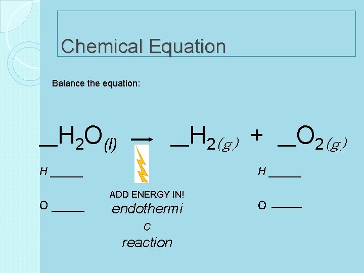 Chemical Equation Balance the equation: __H 2 O(l) __H 2(g) H _____ O _____