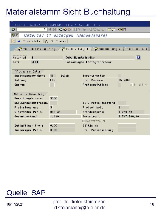 Materialstamm Sicht Buchhaltung Quelle: SAP 10/17/2021 prof. dr. dieter steinmann d. steinmann@fh-trier. de 10