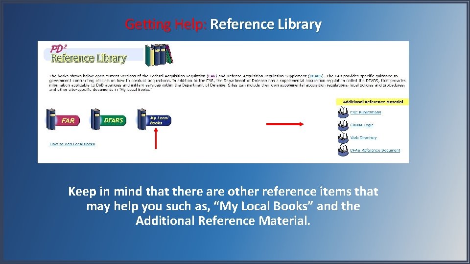 Getting Help: Reference Library Keep in mind that there are other reference items that