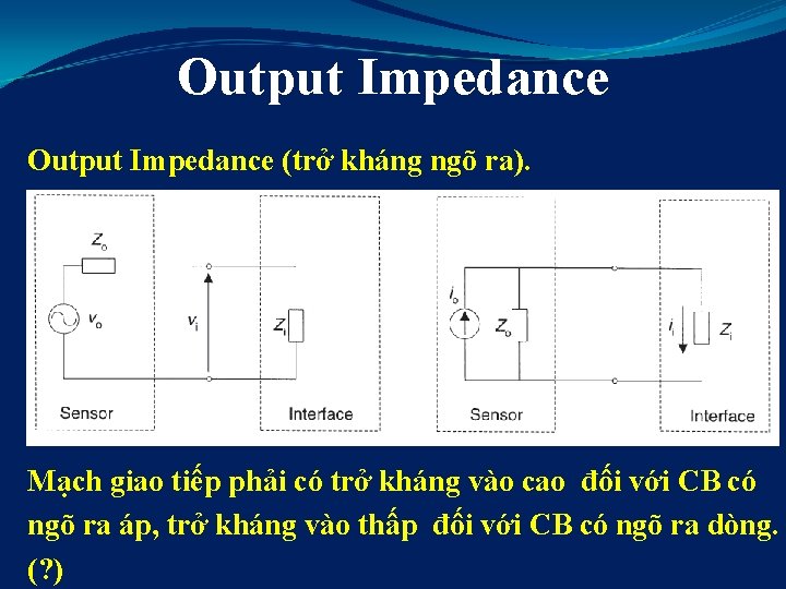 Output Impedance (trở kháng ngõ ra). Mạch giao tiếp phải có trở kháng vào