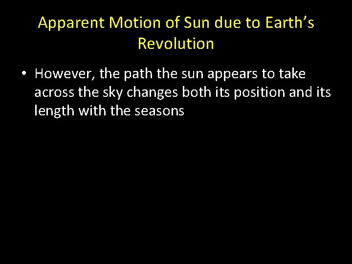 Apparent Motion of Sun due to Earth’s Revolution • However, the path the sun