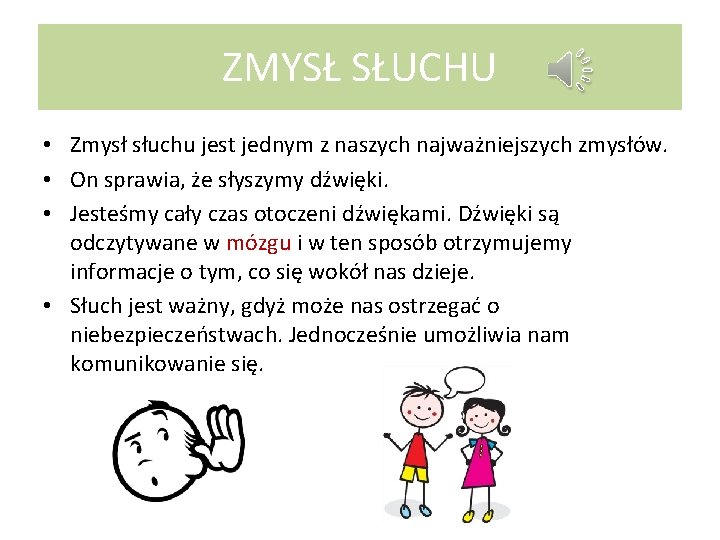 ZMYSŁ SŁUCHU • Zmysł słuchu jest jednym z naszych najważniejszych zmysłów. • On sprawia,