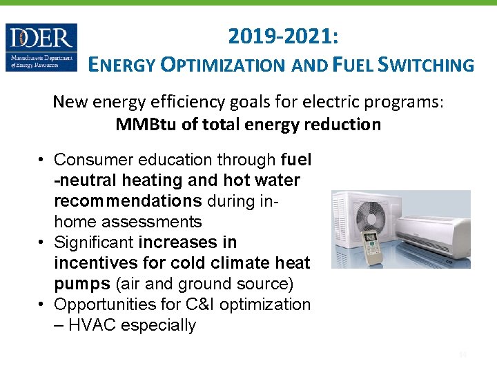 2019‐ 2021: ENERGY OPTIMIZATION AND FUEL SWITCHING New energy efficiency goals for electric programs: