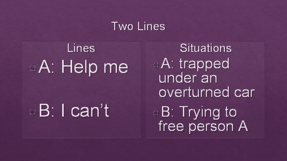Two Lines A: Help me B: I can’t A: Situations trapped under an overturned