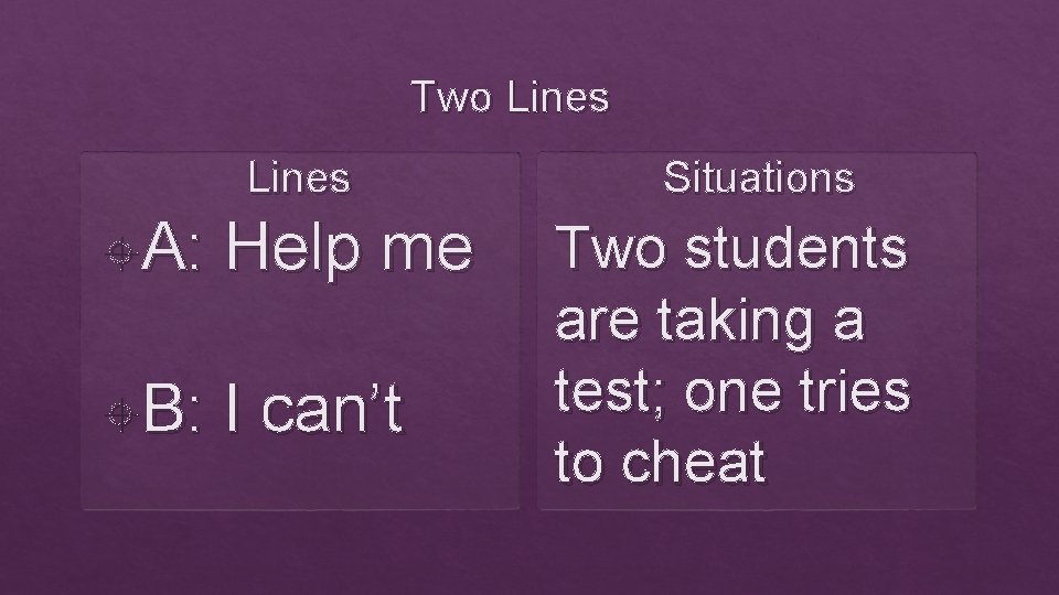 Two Lines A: Help me B: I can’t Situations Two students are taking a