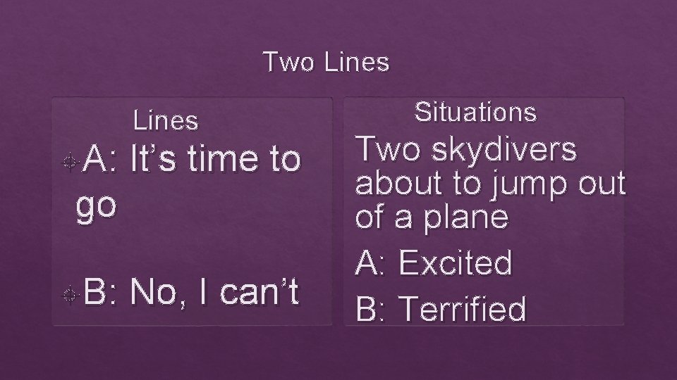 Two Lines A: It’s time to go B: No, I can’t Situations Two skydivers