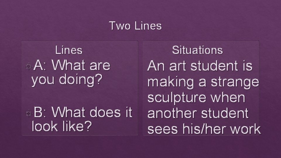Two Lines A: Lines What are you doing? Situations An art student is making