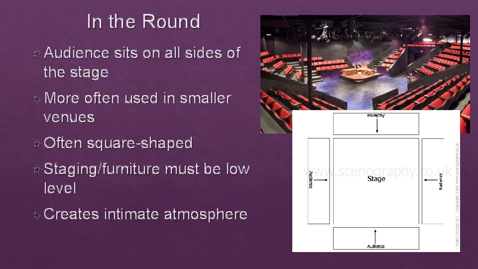 In the Round Audience sits on all sides of the stage More often used