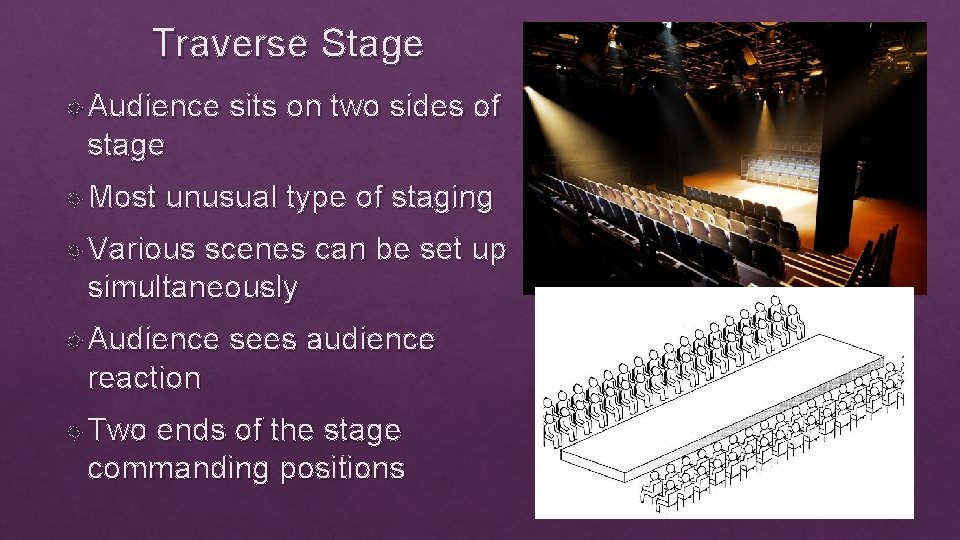 Traverse Stage Audience sits on two sides of stage Most unusual type of staging