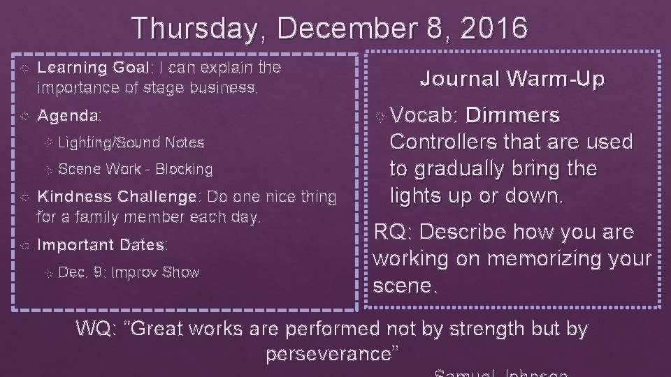 Thursday, December 8, 2016 Learning Goal: I can explain the importance of stage business.