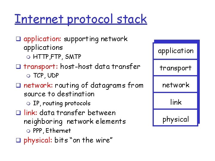 Internet protocol stack q application: supporting network applications m HTTP, FTP, SMTP application q
