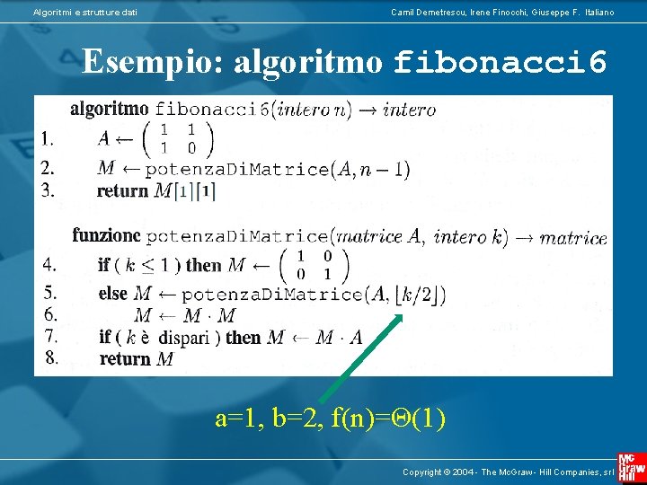 Algoritmi e strutture dati Camil Demetrescu, Irene Finocchi, Giuseppe F. Italiano Esempio: algoritmo fibonacci