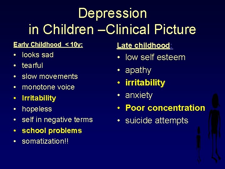 Depression in Children –Clinical Picture Early Childhood < 10 y: Late childhood: • •