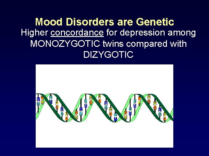 Mood Disorders are Genetic Higher concordance for depression among MONOZYGOTIC twins compared with DIZYGOTIC