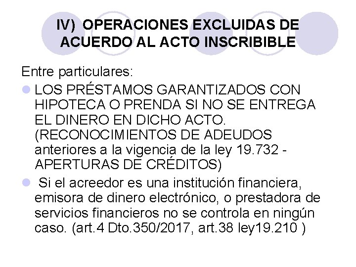 IV) OPERACIONES EXCLUIDAS DE ACUERDO AL ACTO INSCRIBIBLE Entre particulares: l LOS PRÉSTAMOS GARANTIZADOS