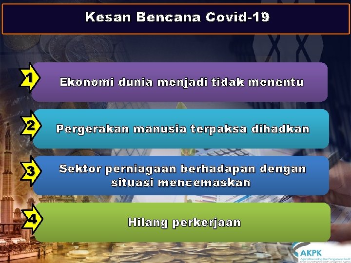 Kesan Bencana Covid-19 1 Ekonomi dunia menjadi tidak menentu 2 Pergerakan manusia terpaksa dihadkan