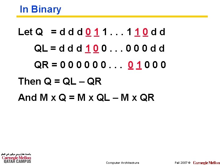In Binary Let Q = d d d 0 1 1. . . 1