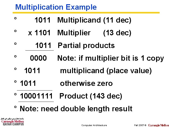 Multiplication Example ° ° 1011 Multiplicand (11 dec) x 1101 Multiplier (13 dec) 1011