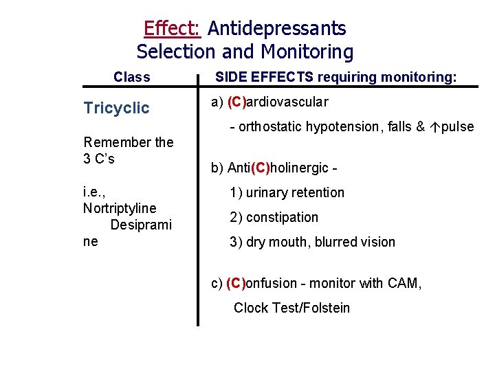 Effect: Antidepressants Selection and Monitoring Class Tricyclic SIDE EFFECTS requiring monitoring: a) (C)ardiovascular -