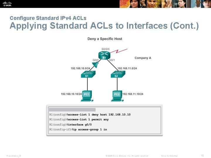 Configure Standard IPv 4 ACLs Applying Standard ACLs to Interfaces (Cont. ) Presentation_ID ©