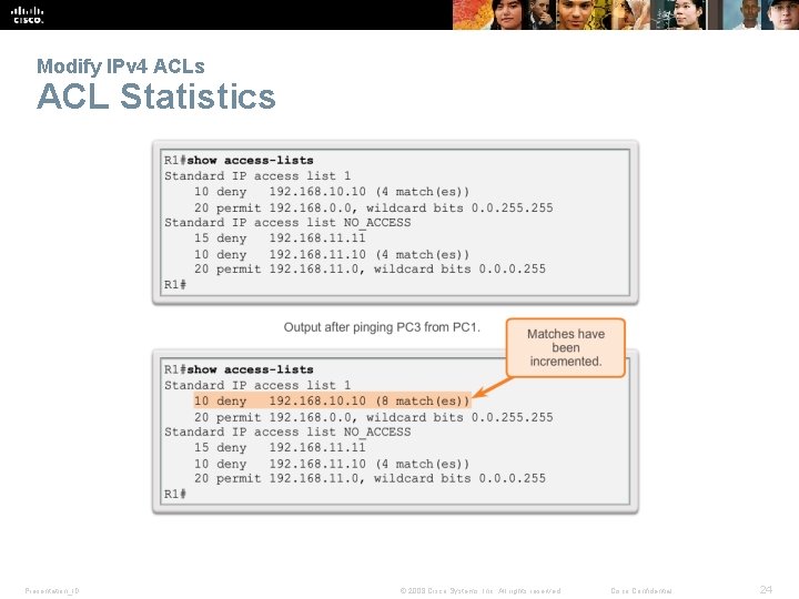 Modify IPv 4 ACLs ACL Statistics Presentation_ID © 2008 Cisco Systems, Inc. All rights