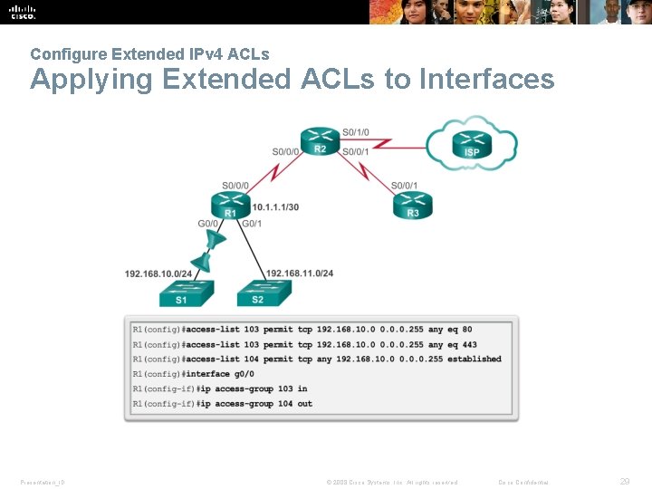 Configure Extended IPv 4 ACLs Applying Extended ACLs to Interfaces Presentation_ID © 2008 Cisco