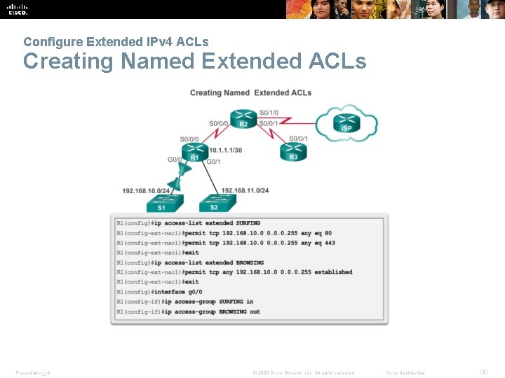 Configure Extended IPv 4 ACLs Creating Named Extended ACLs Presentation_ID © 2008 Cisco Systems,