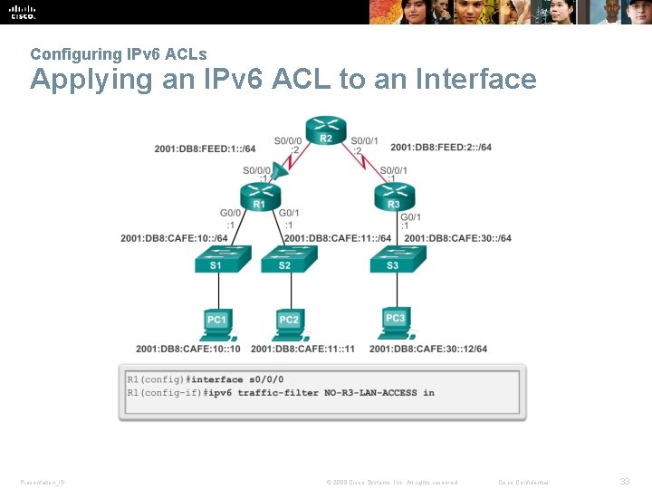 Configuring IPv 6 ACLs Applying an IPv 6 ACL to an Interface Presentation_ID ©