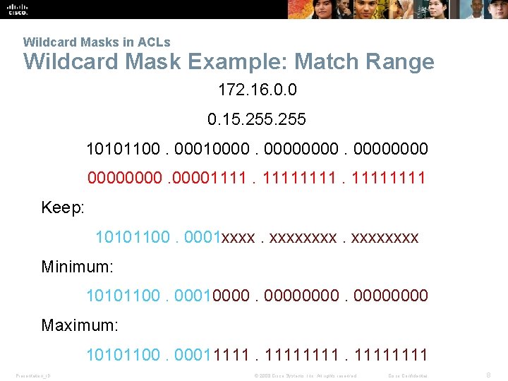 Wildcard Masks in ACLs Wildcard Mask Example: Match Range 172. 16. 0. 0 0.
