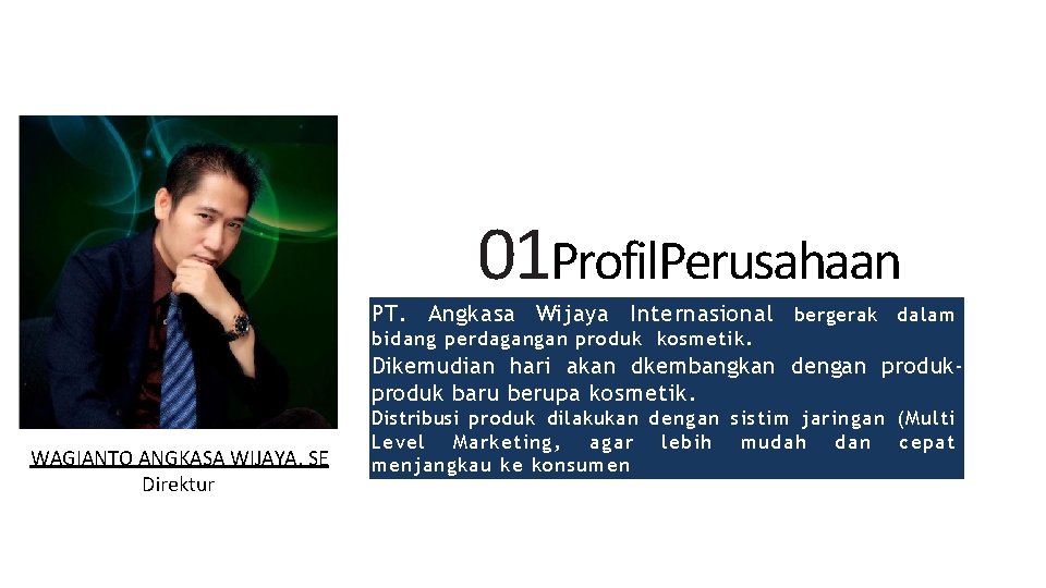 01 Profil. Perusahaan PT. Angkasa Wijaya Internasional bergerak dalam bidang perdagangan produk kosmetik. Dikemudian