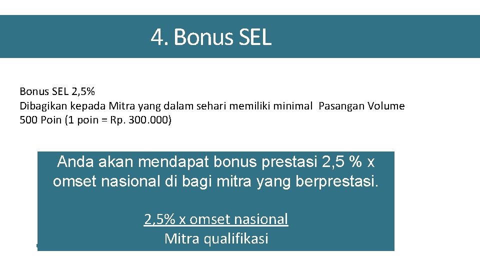 4. Bonus SEL 2, 5% Dibagikan kepada Mitra yang dalam sehari memiliki minimal Pasangan